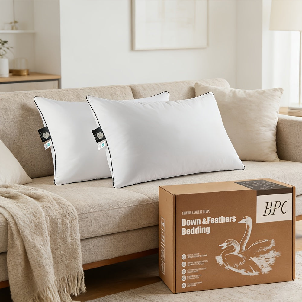 Duck Down And Feather Bed Pillow Standard Size 2pcs Set, Hotel Pillow for Sleep, Down, Soft, Fluffy, 100% Cotton Cover