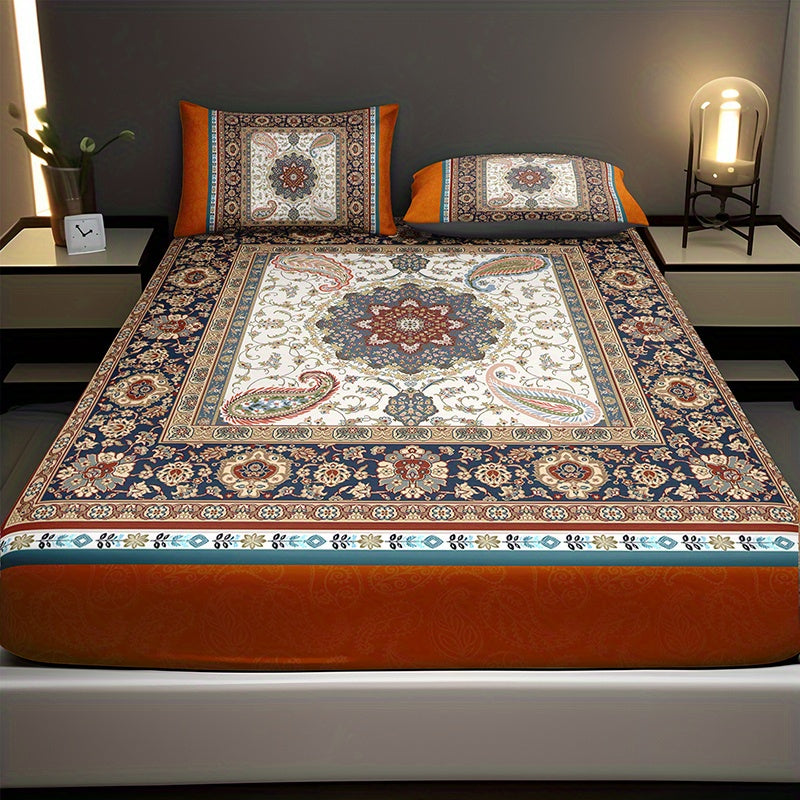 2/3pcs Vintage Court Paisley Pattern Fitted Sheet Set (1 Fitted Sheet + 1/2 Pillowcases Without Pillow Insert), Home Dormitory HD Printing
