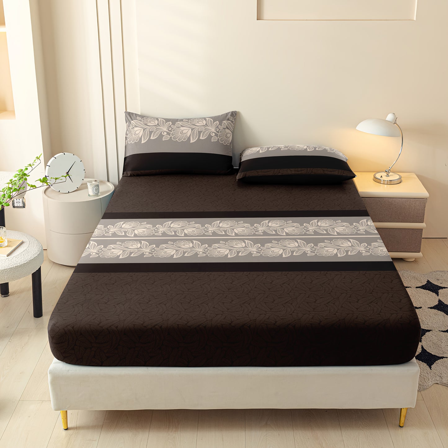 3pcs Navy Luxury Jacquard Fitted Sheet Set: 2 Pillowcases, 1 Fitted Sheet, Twin Bed, Full Bed, Queen Size, King Size- Shrinkage and Fade - Soft Light Beige-friendly/ Easy to Care - Tight Fit Easily Fits into Mattress