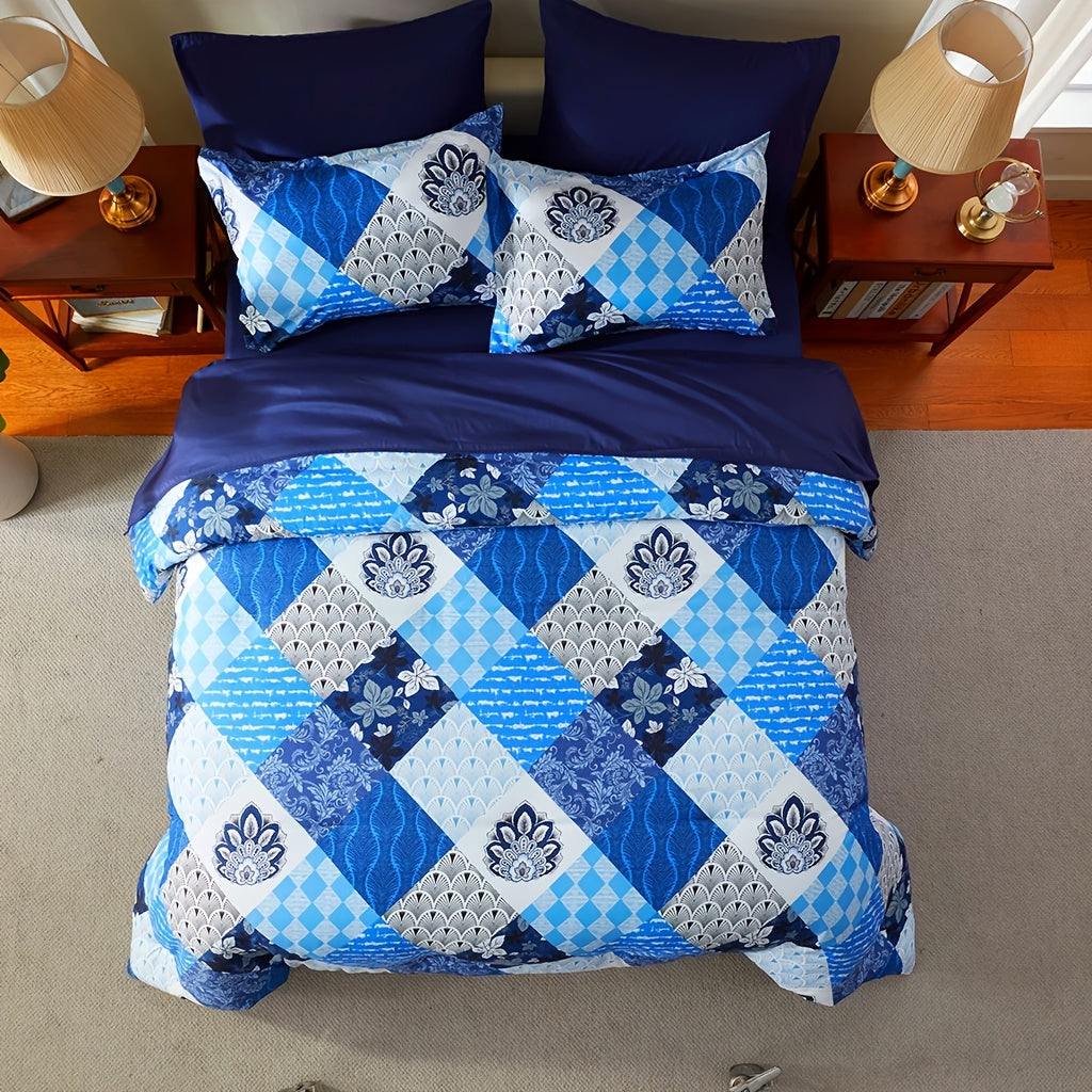 King Size Comforter Set- 7pcs Boho Bed In A Bag Queen Size Include 1 Patchwork Down Alternative Quilt & 1 Flat Sheet & 1 Fitted Sheet In 16" Deep Pockets & 2 Pillowcase & 2 Printed Pillow Shams, Bedding Sheet Set For All Seasons, Machine