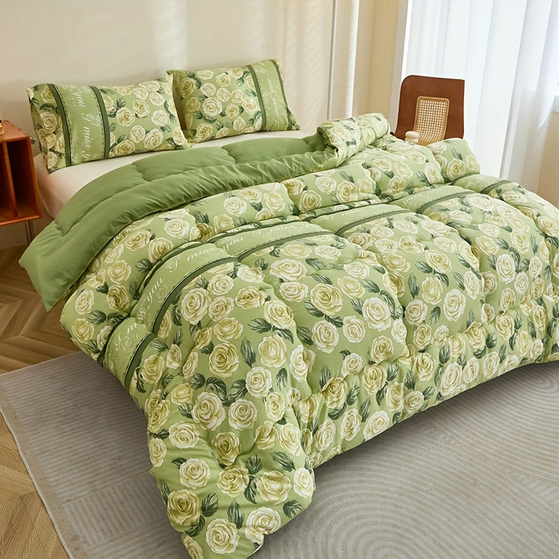 3pcs Fresh Green Rose Floral Set/Active Printing Technology/Multi-Directional Fixed Quilting/High Rebound Polyester Fiber Filling/Softer And Fluffier Feel/Suitable for Year-Round Use in Bedrooms, Guest Rooms, Dormitories