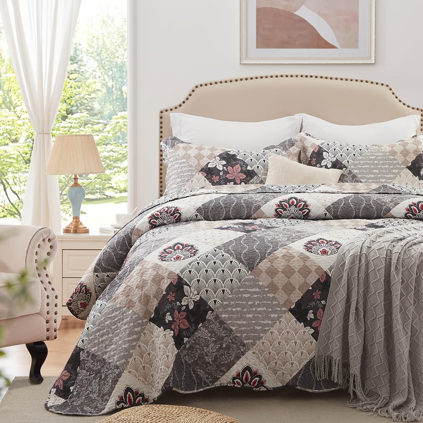 Twin, Queen And King Size Quilt Set - Brown, Grey, Blue And Purple Reversible Bedspread with 1-2 Pillow Shams - Soft Lightweight Oversized Coverlet - Warm Patchwork Bed Cover for All Seasons