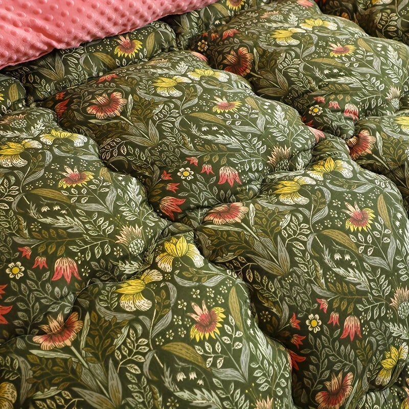 1pc Charming Floral & Leaf Design Quilted Comforter - 100% Polyester, Medium Weight All-Season Bedding, Machine Washable for Bedroom & Living Room Decor