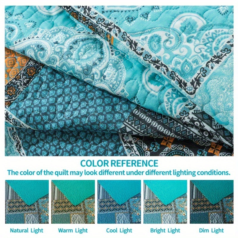 Lightweight Teal Cotton Quilt Comforter Set, Consisting of 3pcs Including 2 Pillowcases, Featuring a Reversible Turquoise Bedspread Suitable for All Seasons, Ideal for a Farmhouse Style