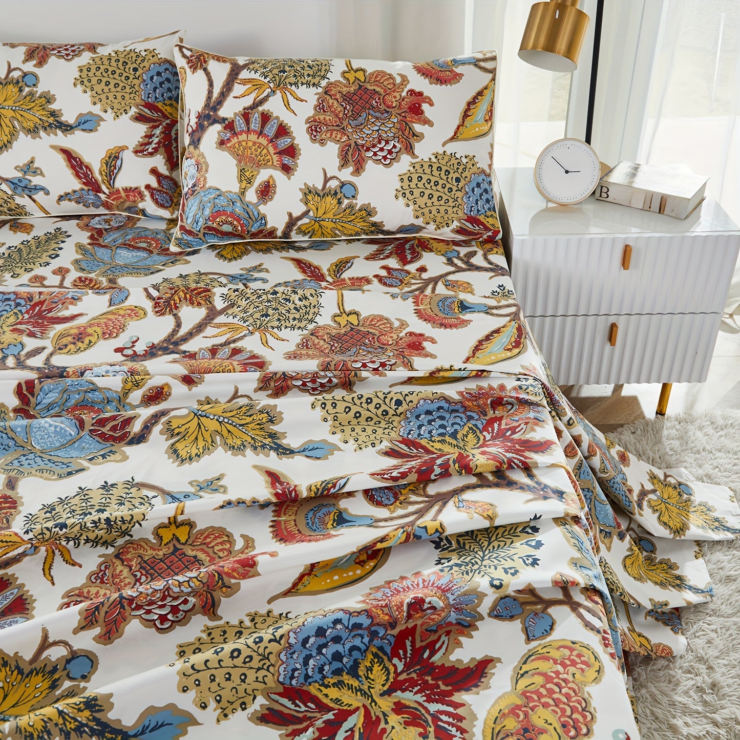 4pcs 600TC 100% Egyptian Cotton Fitted Sheet Set (1*Fitted Sheet + 1*Flat Sheet + 2*Pillowcase, Without Core), Boho Damask Garden Floral Bedding Set, for Bedroom Guest Room Student Dorm All Seasons