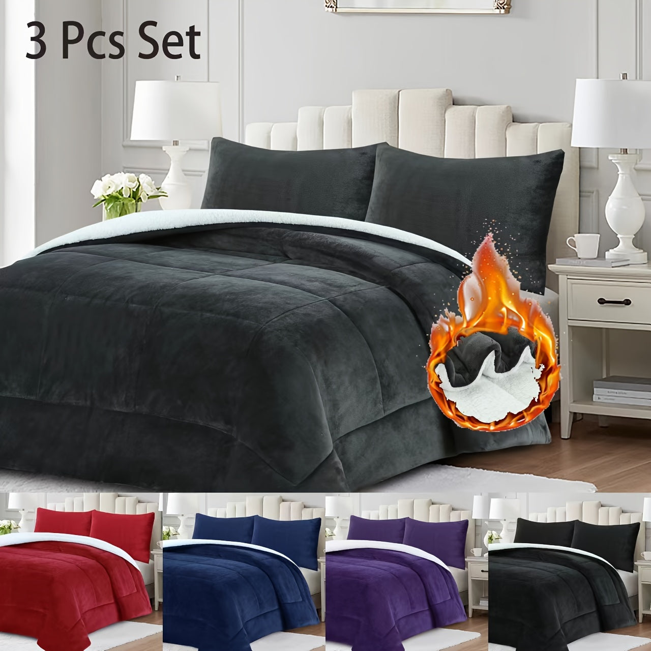 3pcs Ultra Soft Micromink Sherpa Comforter Set, Fluffy Winter Quilt for Cozy Warmth Machine Washable And Plush Reversible Comforter with 2 Pillowcases, Queen/King Size