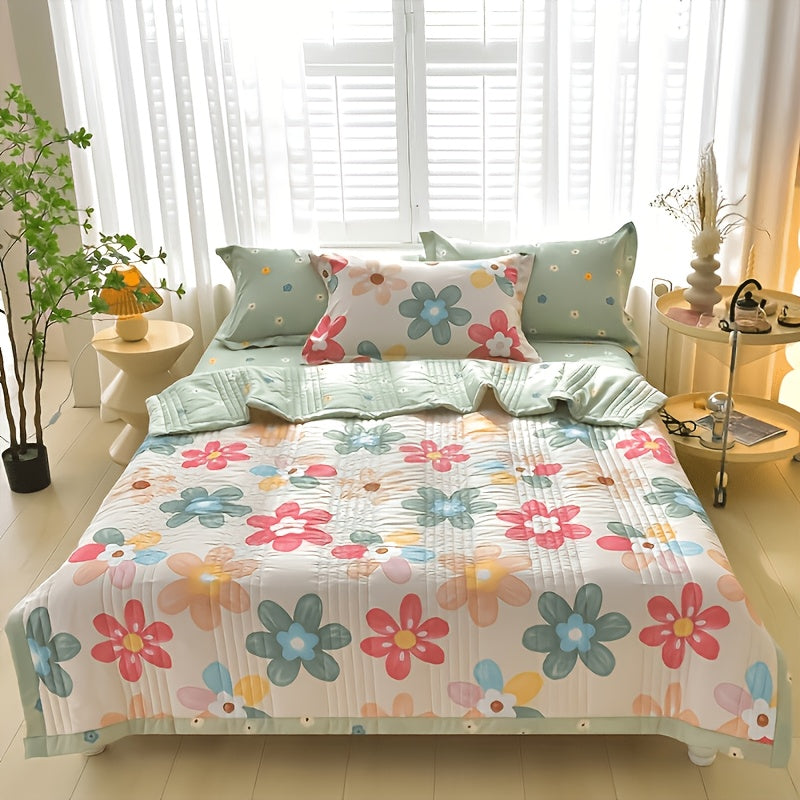 1pc Lightweight & Breathable Cooling Comforter, Contemporary Floral Checkered Pattern Cooling Blanket, Machine Washable Summer Blanket for Bedroom, Dorm, Hotels, Camping & Home Decor