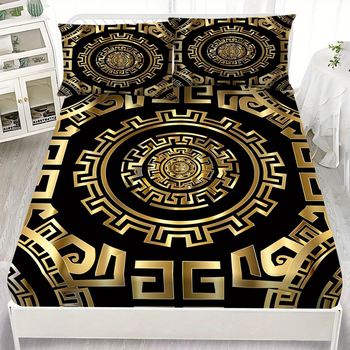 3pcs Black and Golden Greek Key Pattern Fitted Sheet Set, 1 Fitted Sheet and 2 Pillowcases, Elegant Design Bedding, Machine Washable, Soft and Smooth Bed Sheet Set for Bedroom