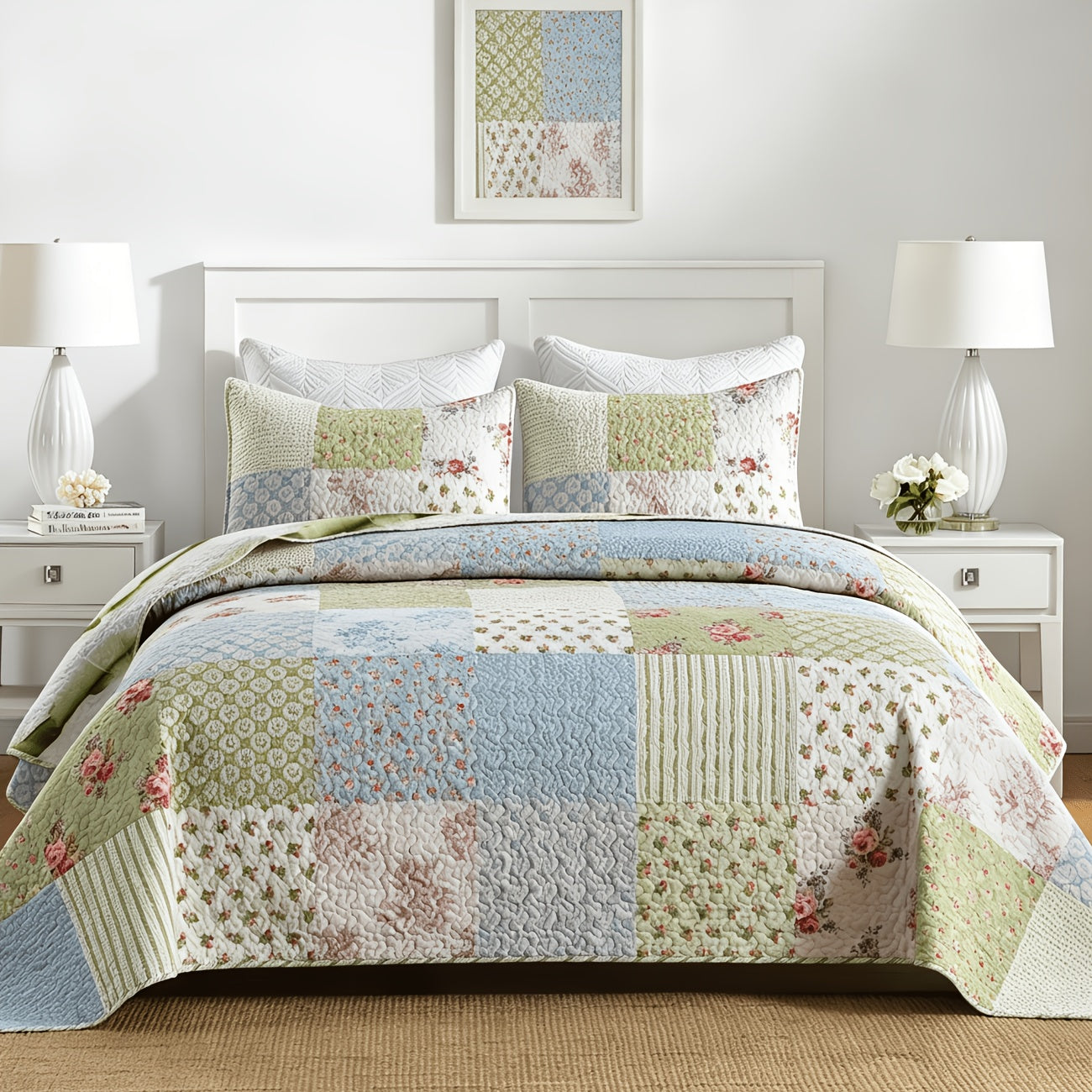 3pcs Green Patchwork Quilt Set Reversible Bedspread Lightweight Bedding with 2pcs Pillow Shams, All Season