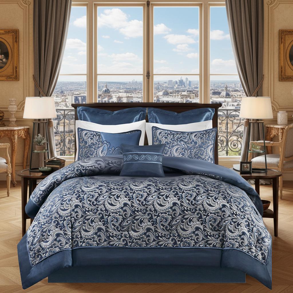local warehouse 8 Piece Bedding Set with Lustrous Jacquard Paisley Pattern and Matching Bed Sheet, All-Season Down Alternative Comforter Set
