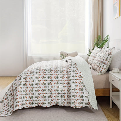 3pcs Travan Microfiber Quilt Set - Reversible, Lightweight, All-Season Bedspread with Wildflower Pattern, Machine Washable, Woven Coverlet for Queen/King Size Bed