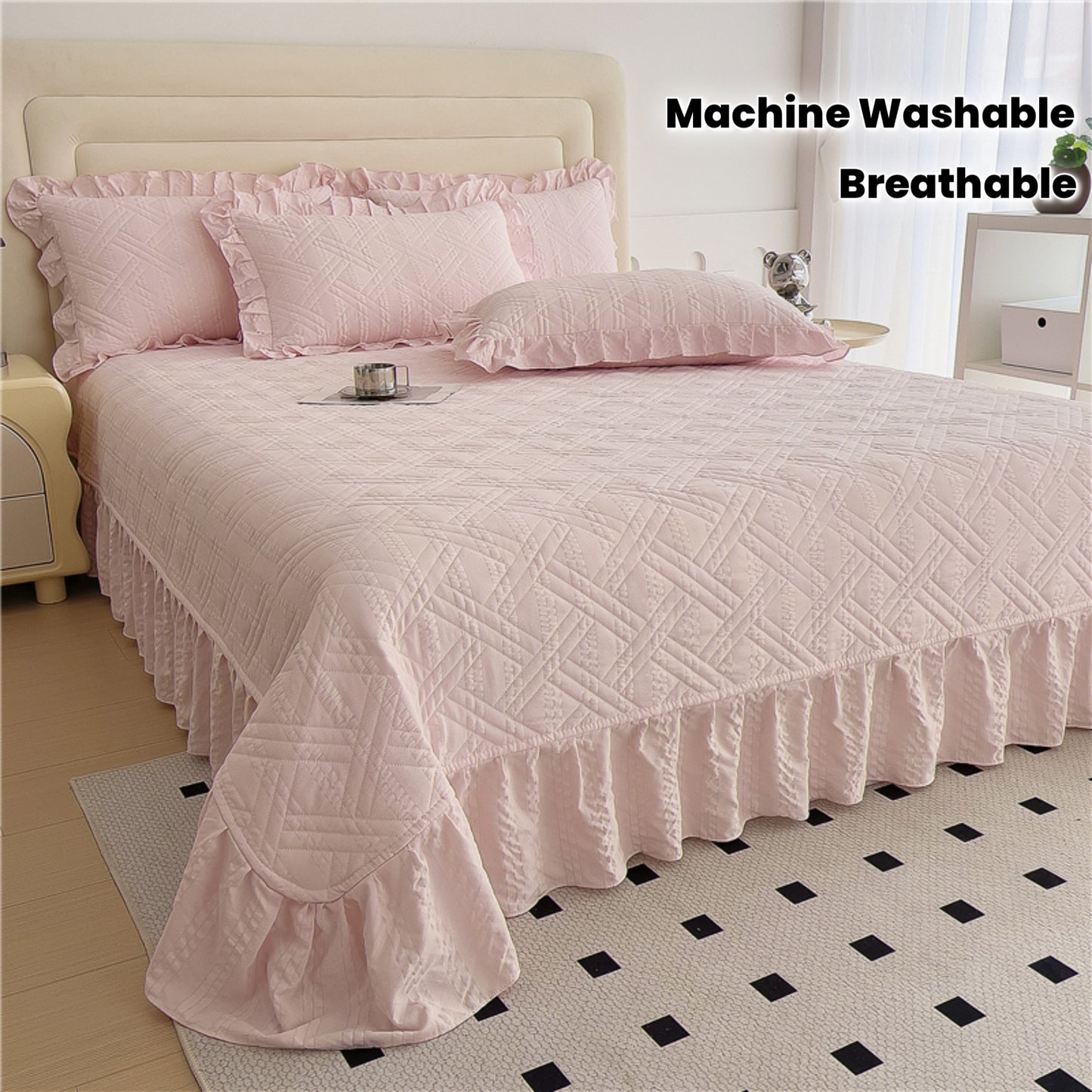 1pc Princess Lace Quilted Bedspread - All-Season Soft Breathable Bed Cover with Ruffled Edges, Machine Washable Contemporary Bedding for Room, Dorm & Guest Room, Luxury Comforter Cover (No Pillowcase)