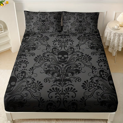 3pcs Fitted Sheet Set (1 Fitted Sheet + 2 Pillowcases, Pillow Core Not Included), Home Dormitory High-Definition Printed Skull Pattern