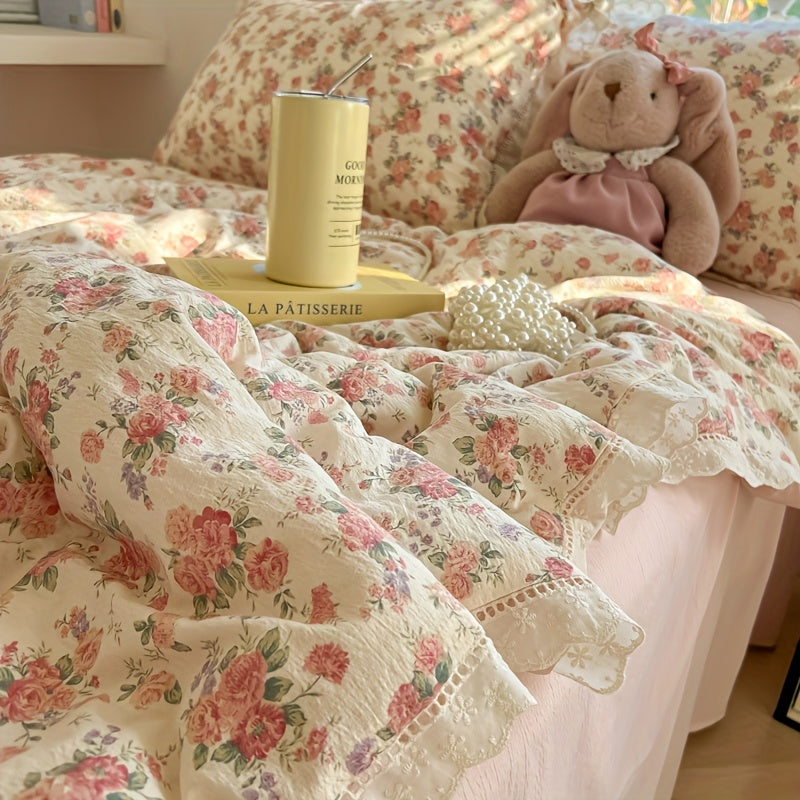 1pc Lace Trim Ultra-Soft Summer Quilt - Double-Layer Yarn, Lightweight and Breathable, Machine Washable, Romantic and Sweet Style Summer Cooling Quilt, Floral All-Season Lightweight Quilt, Perfect for Bedrooms, Guest Rooms, and Sofas