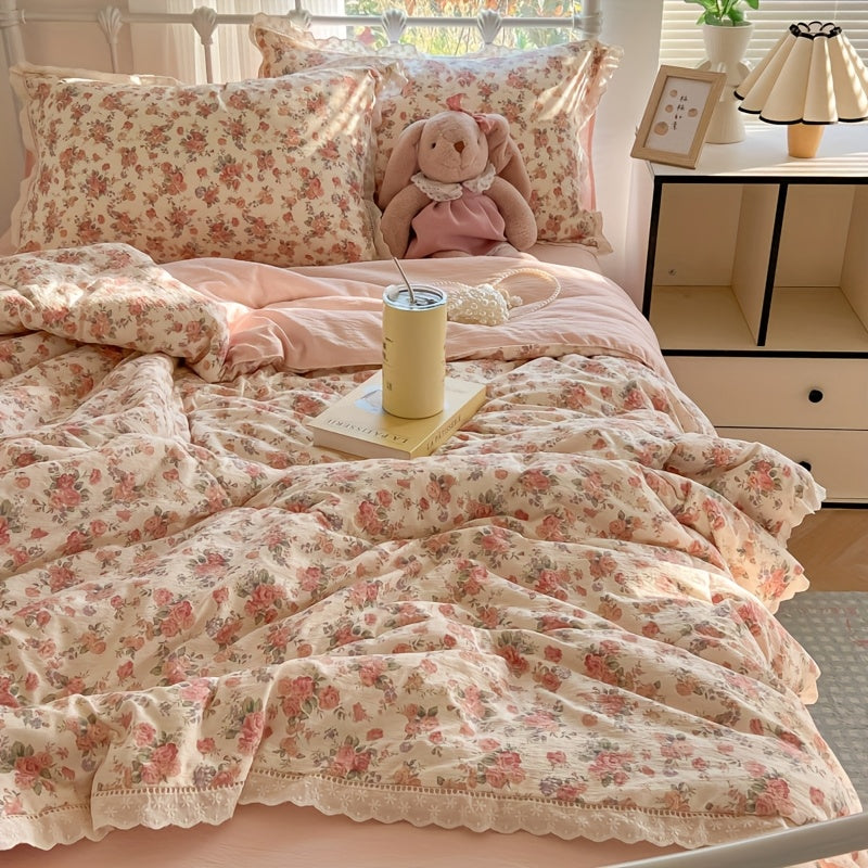 1pc Lace Trim Ultra-Soft Summer Quilt - Double-Layer Yarn, Lightweight and Breathable, Machine Washable, Romantic and Sweet Style Summer Cooling Quilt, Floral All-Season Lightweight Quilt, Perfect for Bedrooms, Guest Rooms, and Sofas