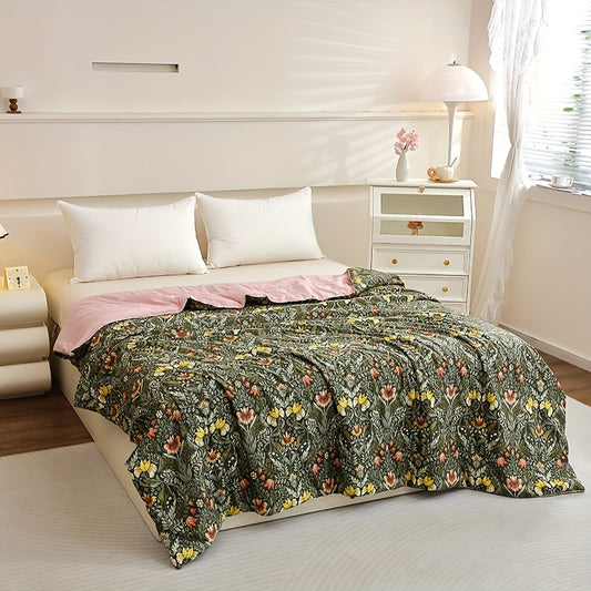 1pc Tropical Floral Summer Comforter - Ultra-Soft Light Beige-Friendly Fabric, Vibrant Flower Pattern in Green, Orange, Pink & White, Machine Washable All-Season Bedding for Bedroom Decor, Comfortable Bedding, Decorative Bedspread, Smooth Texture Fabric