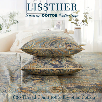 4pcs 600TC 100% Egyptian Cotton Fitted Sheet Set (1*Fitted Sheet + 1*Flat Sheet + 2*Pillowcase, Without Core), Luxury Classic Paisley Floral Pattern Bedding, Soft Breathable And Skin-friendly, for Bedroom Guest Room Student Dorm All Seasons