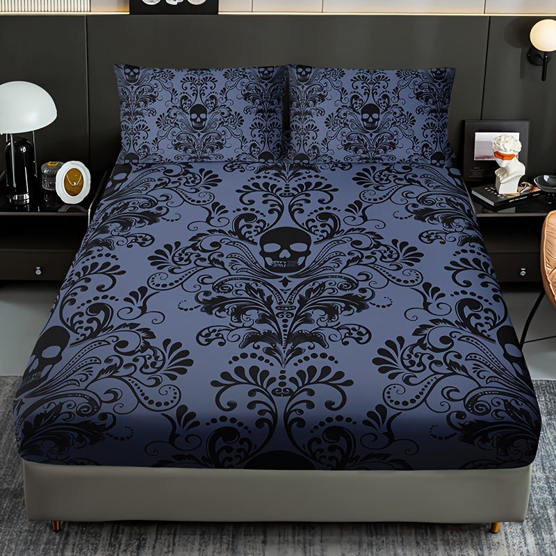 3pcs Fitted Sheet Set (1 Fitted Sheet + 2 Pillowcases, Pillow Core Not Included), Home Dormitory High-Definition Printed Skull Pattern