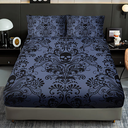3pcs Fitted Sheet Set (1 Fitted Sheet + 2 Pillowcases, Pillow Core Not Included), Home Dormitory High-Definition Printed Skull Pattern