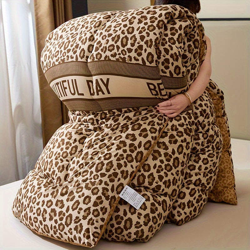 3pcs Fashion Leopard Floral, Double-Sided Brushed Ultra-Soft Craft, High Resilience Filling, for Autumn/Winter Bedroom, Guest Room, Travel, Gift Use - Warm Quilt Set 1*Thick Quilt + 2*Pillowcases (No Pillow Inserts)