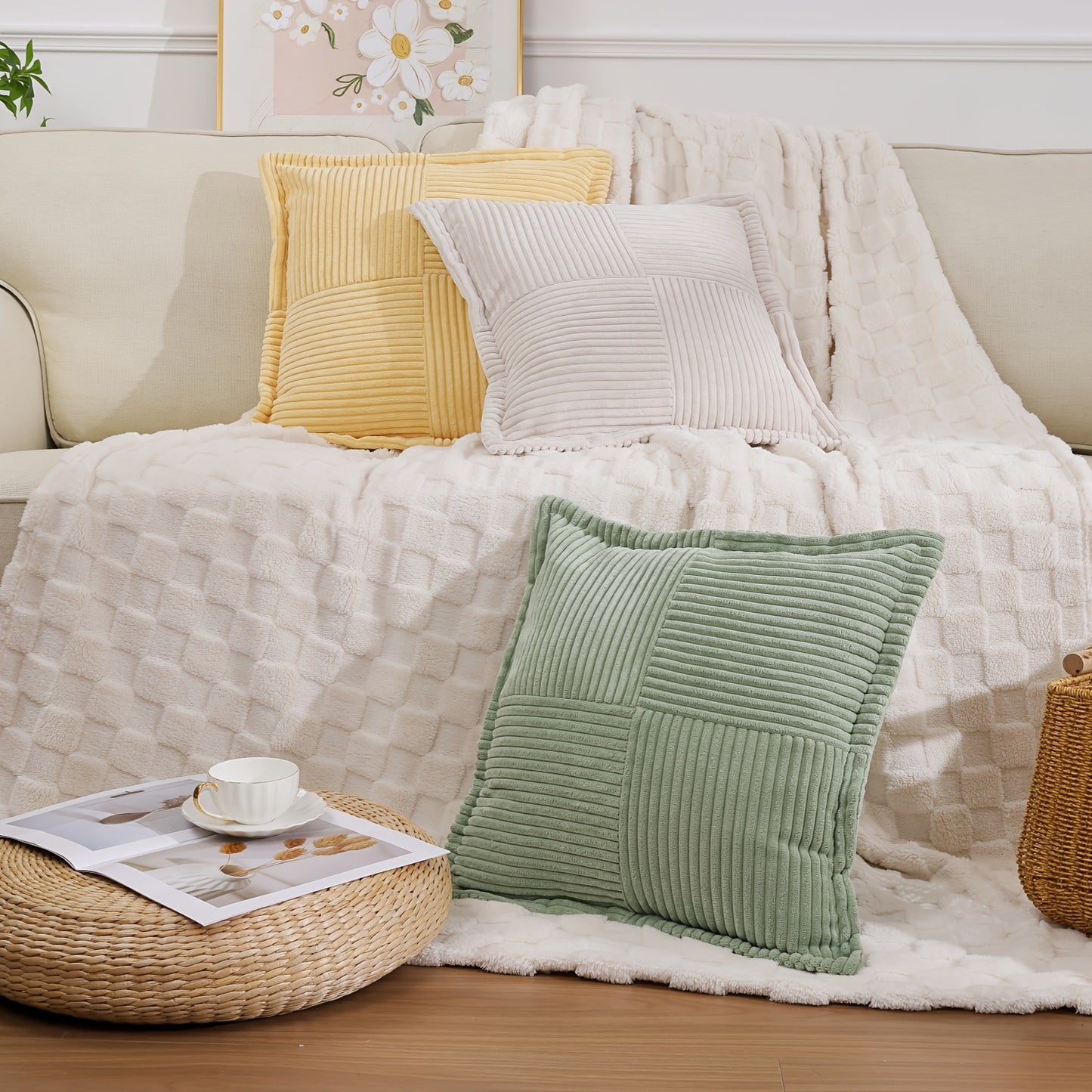Corduroy Decorative Throw Pillow 18x18 Set Of 2/4 for Sofa Living Room, Soft Neutral Boho Couch Pillow Covers for Home Decor