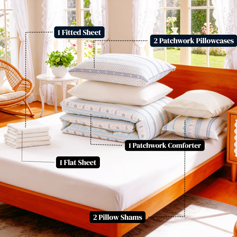King Size Comforter Set- 7pcs Boho Bed In A Bag Queen Size Include 1 Patchwork Down Alternative Quilt & 1 Flat Sheet & 1 Fitted Sheet In 16" Deep Pockets & 2 Pillowcase & 2 Printed Pillow Shams, Bedding Sheet Set For All Seasons, Machine