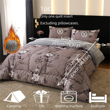 1pc/Warm Plush Thick Quilt/Printed Floral Series Warm Plush Thick Quilt Features a Dark Gray-purple Color Scheme with White Floral and Dark Brown Branch and Leaf Patterns, Exuding an Exquisite, Elegant, and Romantic Pastoral Charm