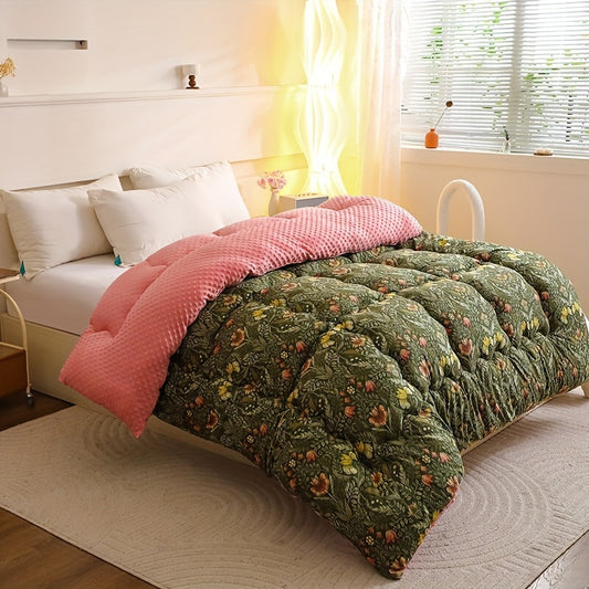 1pc Charming Floral & Leaf Design Quilted Comforter - 100% Polyester, Medium Weight All-Season Bedding, Machine Washable for Bedroom & Living Room Decor