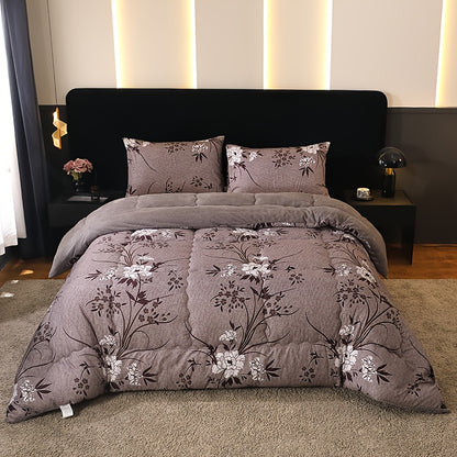 1pc/Warm Plush Thick Quilt/Printed Floral Series Warm Plush Thick Quilt Features a Dark Gray-purple Color Scheme with White Floral and Dark Brown Branch and Leaf Patterns, Exuding an Exquisite, Elegant, and Romantic Pastoral Charm