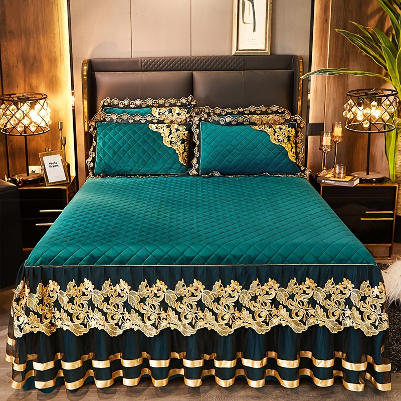 European High-End Lace Splicing Crystal Velvet Bed Skirt 3pcs Set Autumn And Winter Warm Coral Velvet Bed Cover Thickened Velvet Fitted Sheet Anti-Slip Mattress Protector Bedding