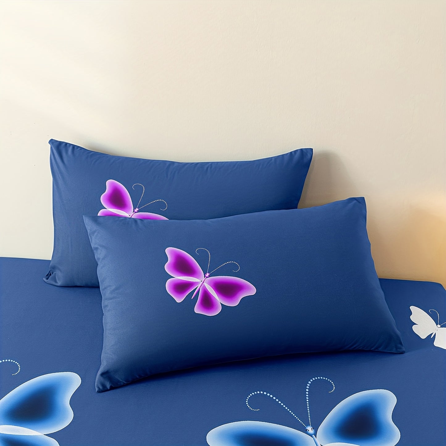 3pcs Fitted Sheet Set: 1 Fitted Sheet + 2 Pillowcases, No Insert, Butterfly and Botanical Print Bedding, Soft and Comfortable Fitted Sheet, Suitable for Bedrooms and Guest Rooms