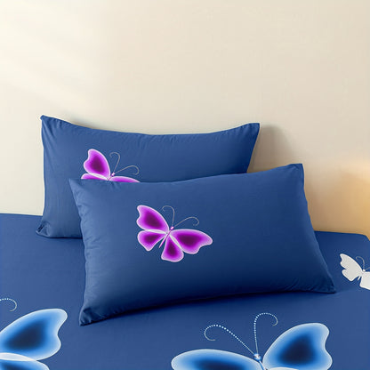 3pcs Fitted Sheet Set: 1 Fitted Sheet + 2 Pillowcases, No Insert, Butterfly and Botanical Print Bedding, Soft and Comfortable Fitted Sheet, Suitable for Bedrooms and Guest Rooms