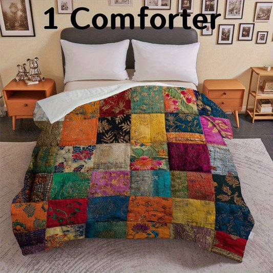 1pc Bohemian Kantha Style Comforter/Multicolor Patchwork Bedspread/Medium Weight All-Season Quilt with Fill/Machine Washable Bed Cover for Dorm, Bed, Guest Room or New Home Moving/Contemporary Boho Bedding