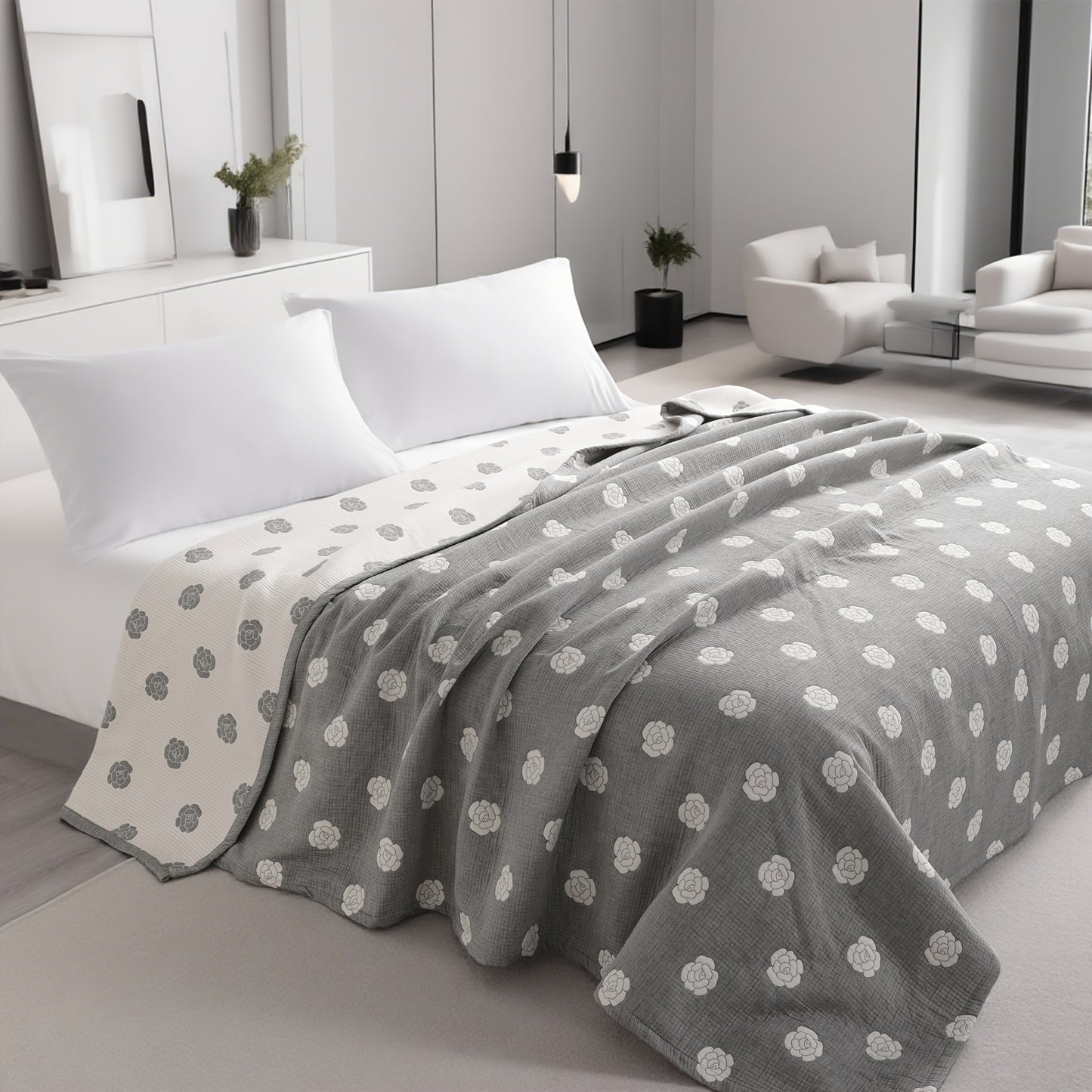 3 Layers Egyptian Cotton Muslin Bed Blanket, Breathable Yarn Dyed Quilt Perfect for Couch, Bed, Office and Travel, Perfect Lightweight Blanket for All Seasons