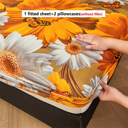 3pcs Skin-Friendly Vibrant Golden Sunflower + Butterfly Print Fitted Sheet Set, Includes 1 Fitted Sheet + 2 Pillowcases (Pillow Inserts Not Included), Soft, Comfortable, Breathable, and Durable, with 30cm/11.8in Deep Pockets for a Perfect Fit