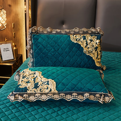 European High-End Lace Splicing Crystal Velvet Bed Skirt 3pcs Set Autumn And Winter Warm Coral Velvet Bed Cover Thickened Velvet Fitted Sheet Anti-Slip Mattress Protector Bedding