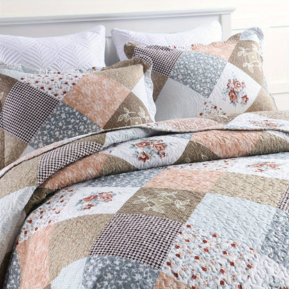 Garden Floral Printed 3pcs Quilt Set, Lightweight Reversible Microfiber Bedspread and Coverlet Set with Shams, Machine Washable, All Season Comfort, Oversized Quilted Bedding (1 Bedspread, 2 Pillowcase, Without Core), Brown