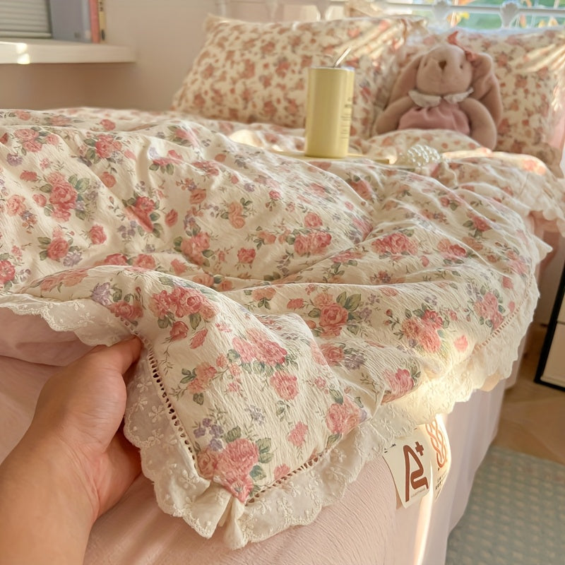 1pc Lace Trim Ultra-Soft Summer Quilt - Double-Layer Yarn, Lightweight and Breathable, Machine Washable, Romantic and Sweet Style Summer Cooling Quilt, Floral All-Season Lightweight Quilt, Perfect for Bedrooms, Guest Rooms, and Sofas