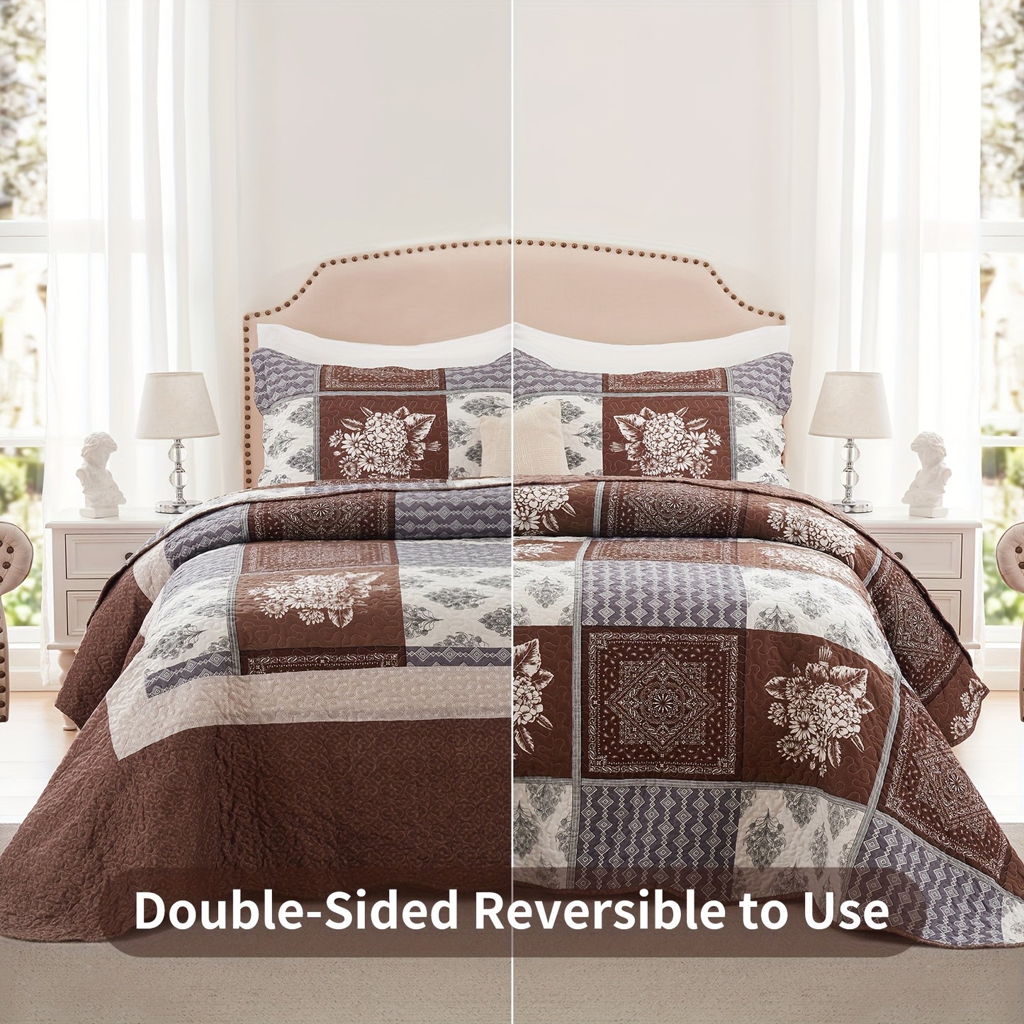 3pcs Quilt Set Full Queen King And California King Size - Brown Reversible Bedspread Coverlet with 2 Pillow Shams - Lightweight Oversized Bed Cover - Soft Warm Bedding Set for All Seasons