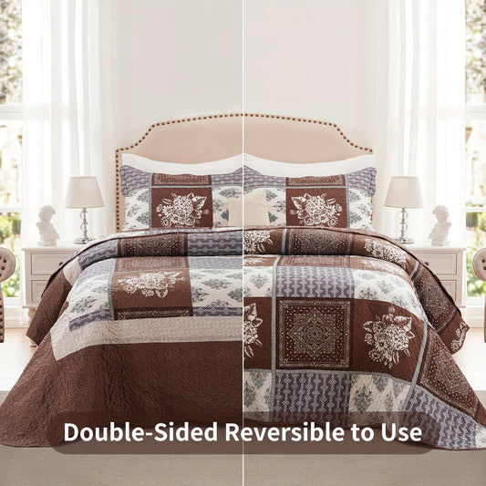 3pcs Quilt Set Full Queen King And California King Size - Brown Reversible Bedspread Coverlet with 2 Pillow Shams - Lightweight Oversized Bed Cover - Soft Warm Bedding Set for All Seasons