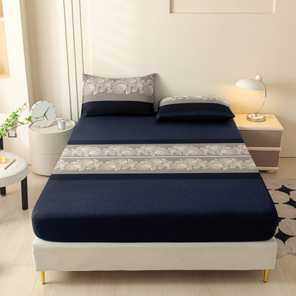 3pcs Navy  Luxury Jacquard Fitted Sheet Set: 2 Pillowcases, 1 Fitted Sheet, Twin Bed, Full Bed, Queen Size, King Size- Shrinkage and Fade - Soft Light Beige-friendly/ Easy to Care - Tight Fit Easily Fits into Mattress