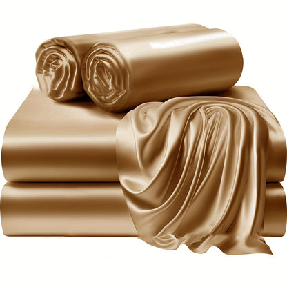 4pcs 100% Polyester 80G Satin Fitted Sheet Set [1 Fitted Sheet + 1 Flat Sheet + 2 Pillowcases (Without Inserts)] Soft Fabric Bedroom All-Season Versatile Style No Shrinkage No Pilling Machine Washable Light Luxury High-End Fitted Sheet Student Dormi