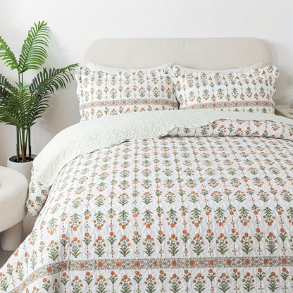 3pcs Travan Microfiber Quilt Set - Reversible, Lightweight, All-Season Bedspread with Wildflower Pattern, Machine Washable, Woven Coverlet for Queen/King Size Bed
