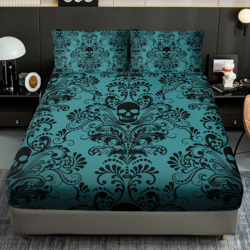 3pcs Fitted Sheet Set (1 Fitted Sheet + 2 Pillowcases, Pillow Core Not Included), Home Dormitory High-Definition Printed Skull Pattern