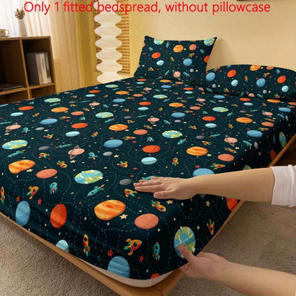 1pc Minimalist Modern Planet Spaceship Print Brushed Fitted Sheet, Printed Bedspread for Bedroom, Bedding Set (Pillowcases Not Included)