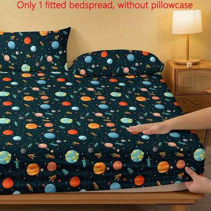 1pc Minimalist Modern Planet Spaceship Print Brushed Fitted Sheet, Printed Bedspread for Bedroom, Bedding Set (Pillowcases Not Included)