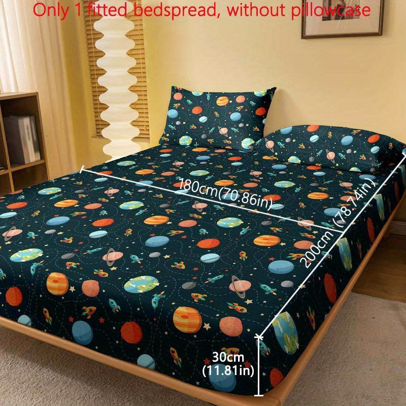 1pc Minimalist Modern Planet Spaceship Print Brushed Fitted Sheet, Printed Bedspread for Bedroom, Bedding Set (Pillowcases Not Included)