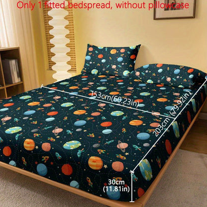 1pc Minimalist Modern Planet Spaceship Print Brushed Fitted Sheet, Printed Bedspread for Bedroom, Bedding Set (Pillowcases Not Included)