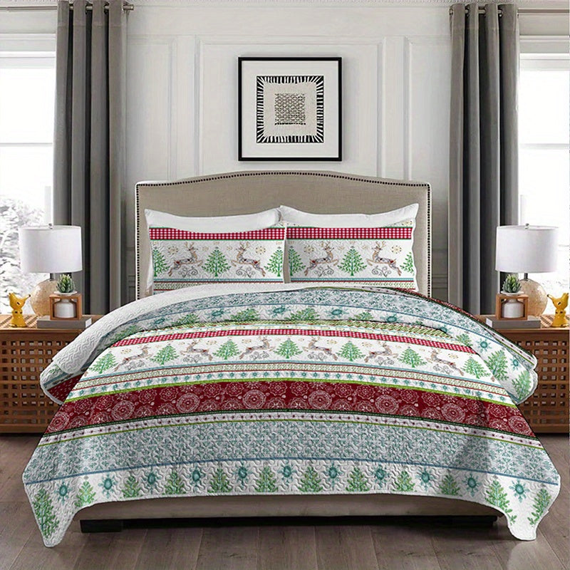 Christmas Holiday Themed Quilt Set with Pillowcases - Polyester Weave, Queen/King Bedspread, Digital Print, All-Seasons Soft Breathable Comfort, Machine Washable, Elk Pattern Design