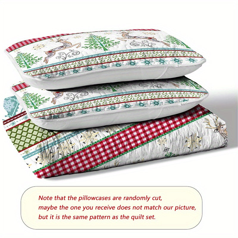 Christmas Holiday Themed Quilt Set with Pillowcases - Polyester Weave, Queen/King Bedspread, Digital Print, All-Seasons Soft Breathable Comfort, Machine Washable, Elk Pattern Design